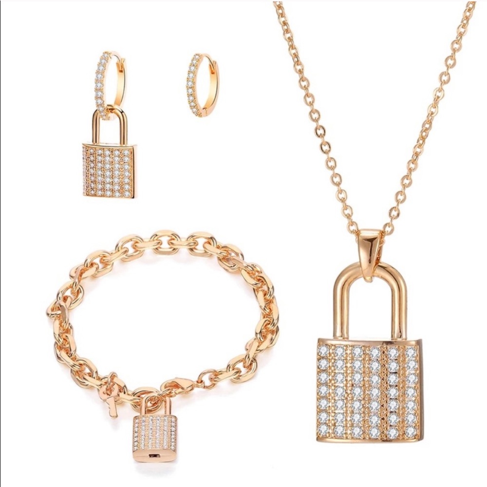 Gold Over Sterling Silver Lock necklace earrings and bracelet set